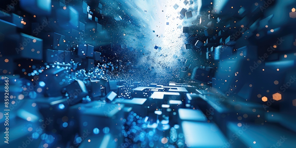 Poster a 3d illustration of a pixel explosion from a pixel floor, blue tones. Generative AI.