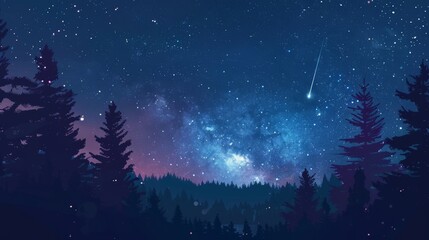 Naklejka premium Starry night sky with shooting star over forest, cosmic and nature's beauty concept