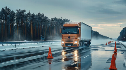 18 wheeler European truck on a test track with diversion buoys. Generative AI.