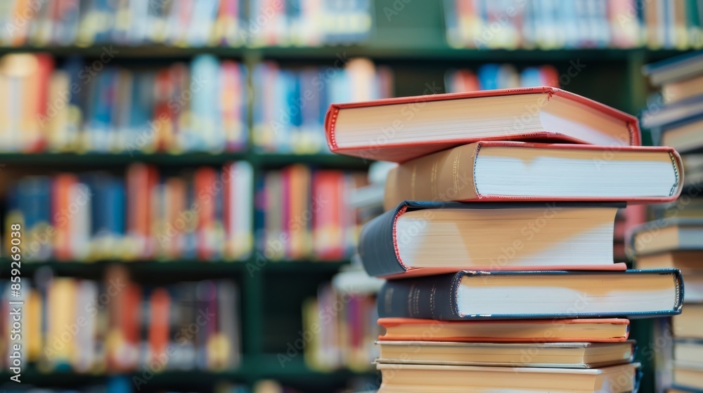 Poster stack of books in a library setting