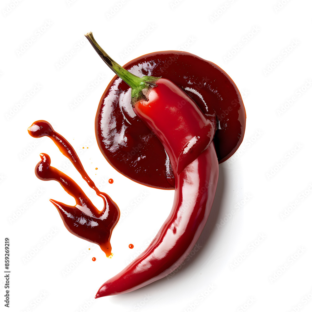 Wall mural Chili pepper with splash of  barbecue sauce, top view, isolated on white background
