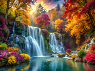 Fantasy waterfall with autumn trees, generative ai