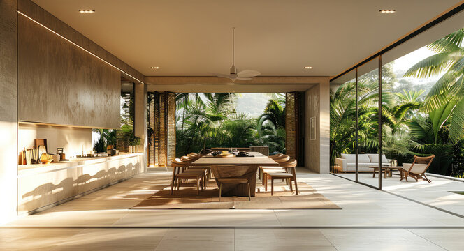 A minimalist dining area in an open house concept with furniture beige walls and beige floors, outside tropical palms in the jungle. Generative AI.