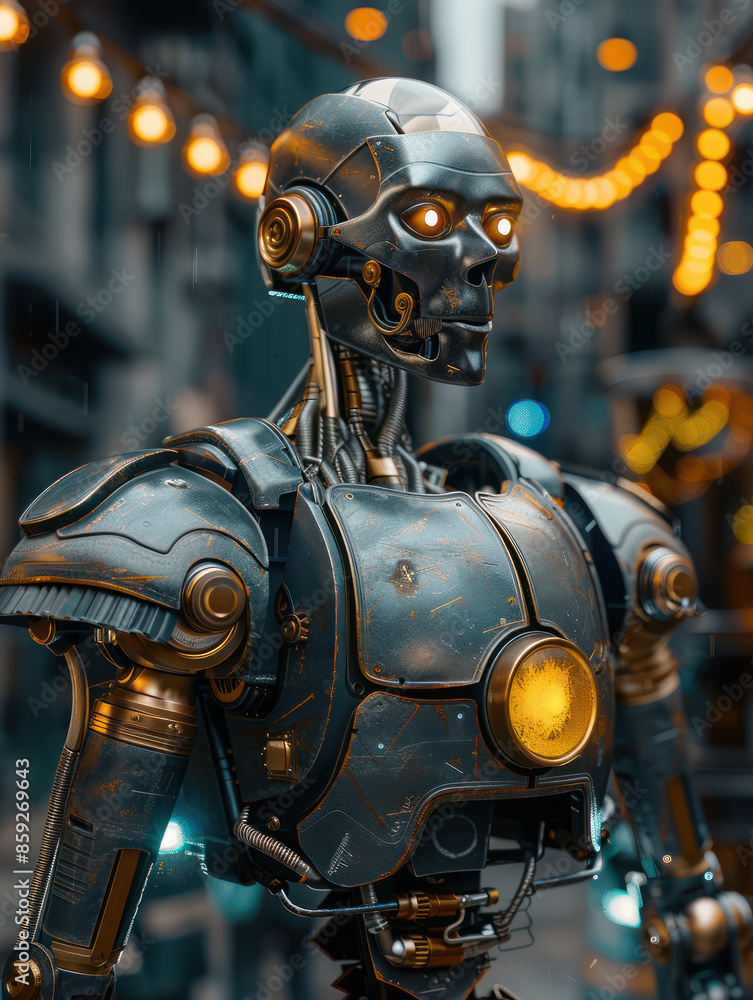 Poster a futuristic robot standing in a neon lit street a glimpse into advanced robotics and urban technolo