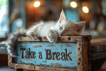 Cute Kitten Sleeping on "Take a Break" Signboard with Blurred Background