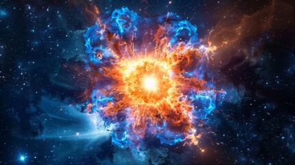 Breathtaking visualization of star exploding within vibrant cosmic nebula. intense burst of light and surrounding gas clouds create stunning display of universe's power and beauty.