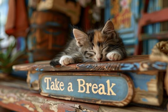 Cute Kitten Sleeping on "Take a Break" Signboard with Blurred Background