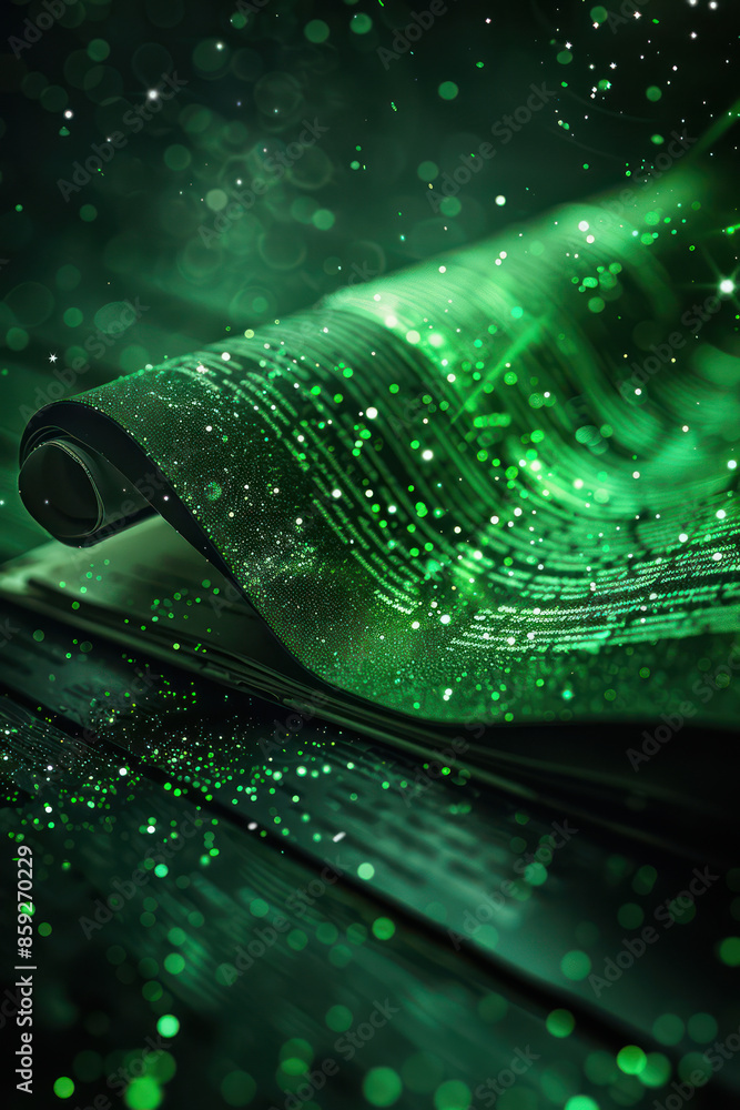 Poster enchanted digital scroll unveiling the mysteries of technology and magic in a futuristic green glow