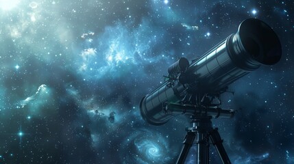 Large astronomical telescope points towards mesmerizing expanse of cosmos, featuring swirling galaxies, sparkling stars, and ethereal nebulae in captivating night sky.