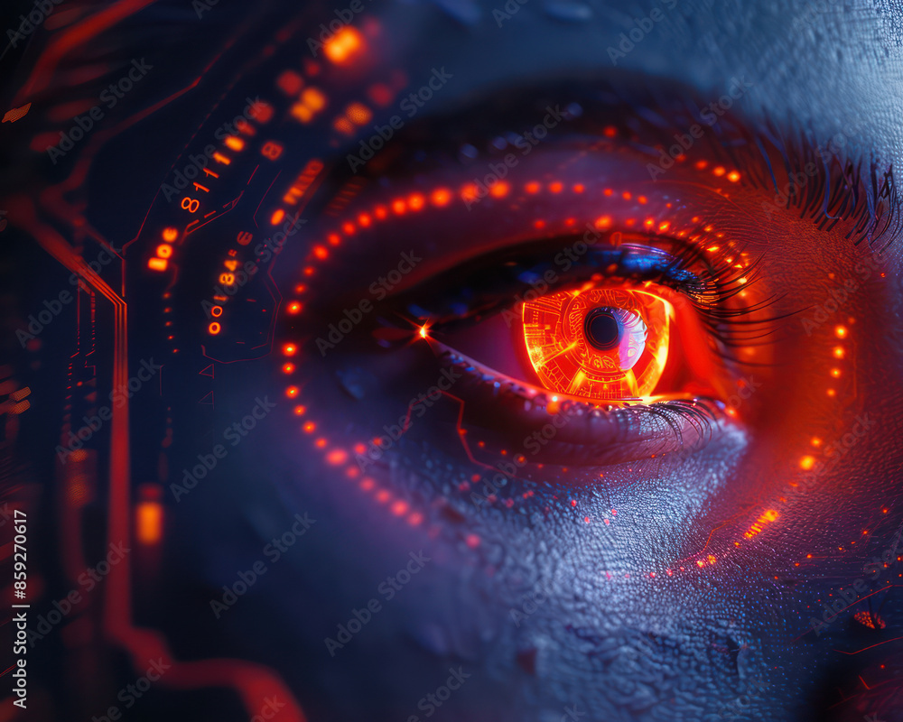 Poster futuristic human eye with digital augmentation and advanced augmented reality interface, showcasing 
