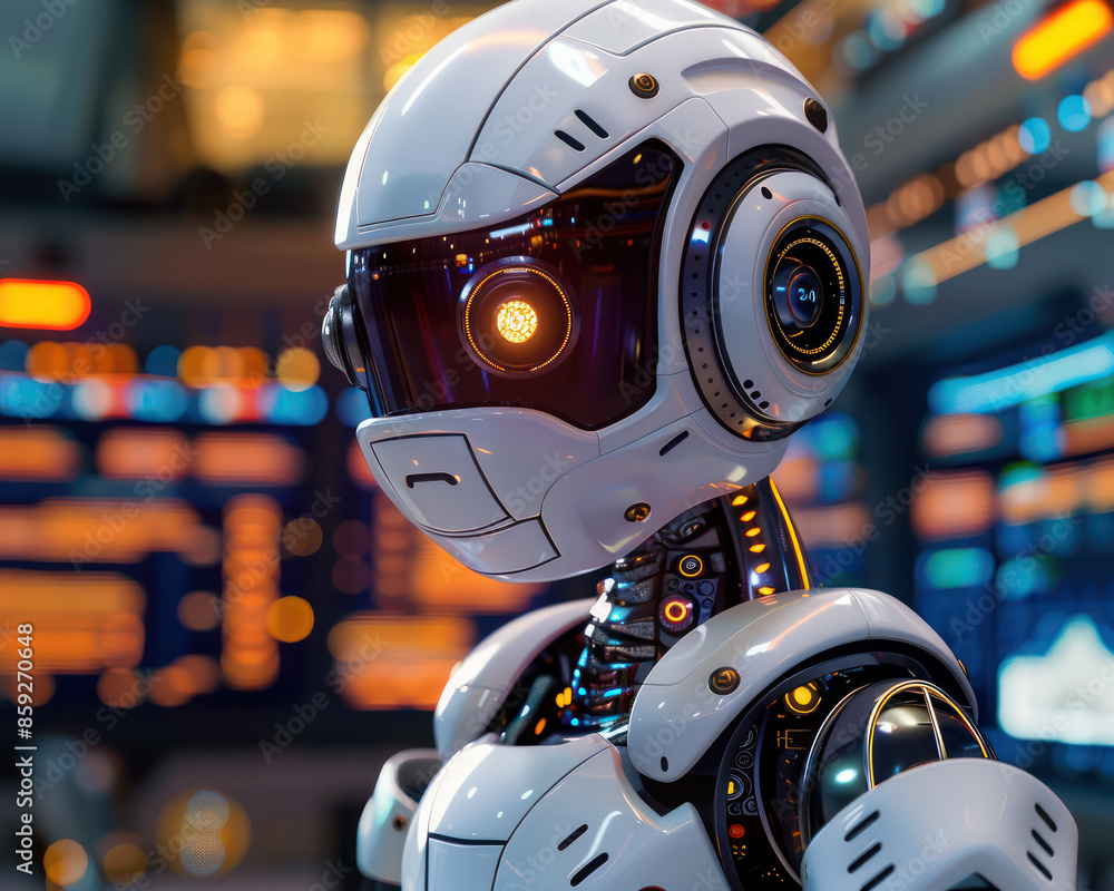 Poster futuristic humanoid robot in a high tech control room with advanced artificial intelligence and inno