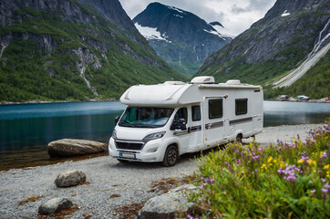 RV in the mountains on a lake. Beautiful road trip with a camping car. Caravan in norway