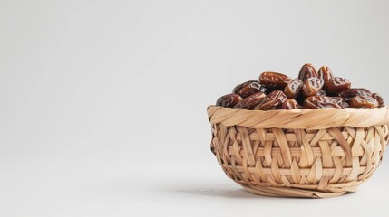 Dried Dates on wooden basket with white background and space for text Ramadan theme