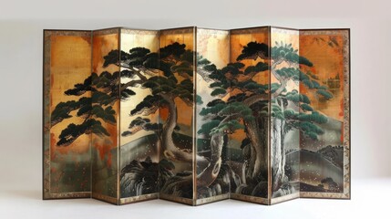 A decorative Japanese folding screen with painted motifs, isolated on a solid white background