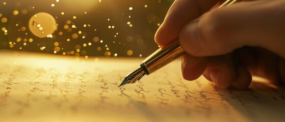 Close-up of hand writing with fountain pen on paper, backlit with bokeh effect, creating a warm and inspiring mood.