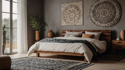 Boho, modern bedroom ethnic interior design.
