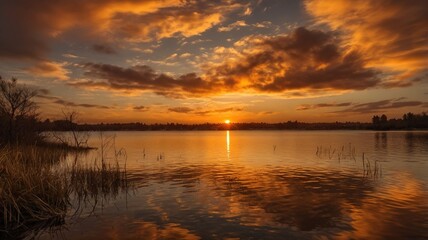 Obraz premium sky bathed in special warmth, featuring rich orange and golden hues. The sky is ablaze with the warm, glowing colors of sunset