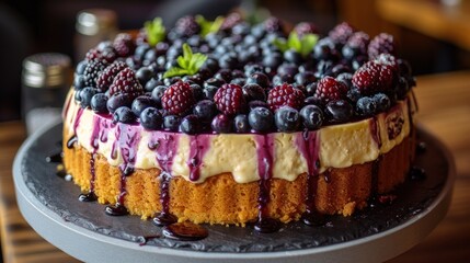 A blueberry and blackberry cheesecake, ready to be sliced and enjoyed