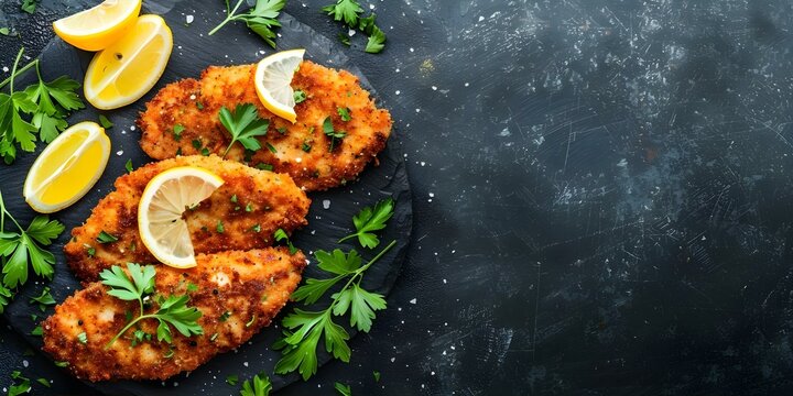 Spanish breaded chicken parmesan with lemon slices also known as escalopes de pollo. Concept This dish is a traditional Spanish breaded chicken recipe, known as "escalopes de pollo