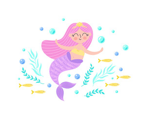 Childrens cute magic character. Magic mermaid girl. Children magic poster or postcard. Vector illustration of fantasy undersea life