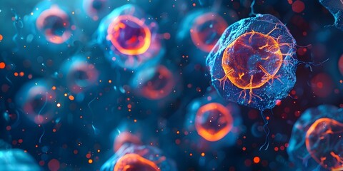 Microscope image of human cells and embryonic stem cells with blue background. Concept Biological Microscopy, Human Cells, Embryonic Stem Cells, Blue Background, Science and Research