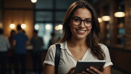 Fototapeta premium Portrait of a Beautiful Hispanic Female Wearing Glasses, Using Tablet Computer, Looking at Camera and Smiling