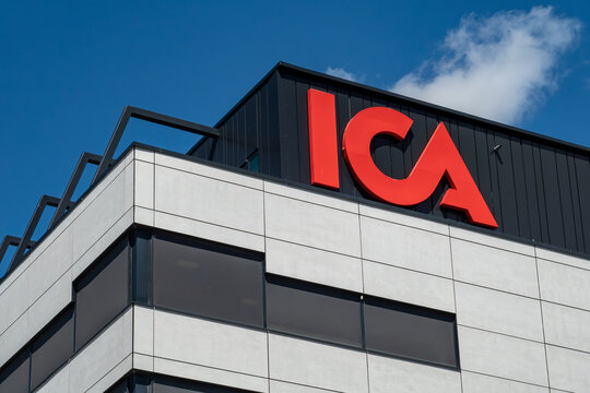 Stockholm, Sweden The ICA logotype and sign at headquarters of the ICA supermarket chain.
