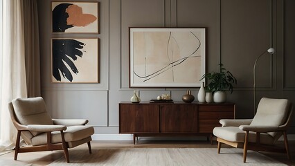 Modern living room, home minimal mid-century interior design. Two beige leather armchairs near a wooden sideboard cabinet against a wall with large art posters
