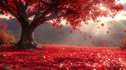 A lone maple tree in golden light, adorned with crimson leaves
