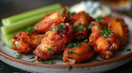 Close-up of crispy, golden-brown chicken wings with parsley and celery sticks