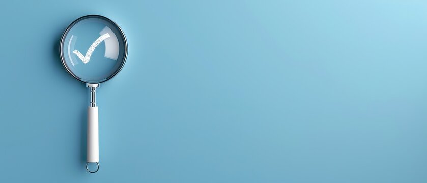 Magnifying glass with checkmark on blue background, symbolizing search, inspection, or verification process in business and quality control.