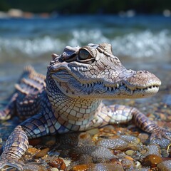 Obraz premium A close-up of a young crocodile basking in the sun on a pebbled shoreline