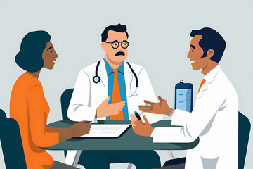 Fototapeta premium Vector IllustrationDoctors, Nurses, and Teamwork on Tablet for Hospital Management Data Report, Supporting Black Patients, Clinic Results, Research, Healthcare