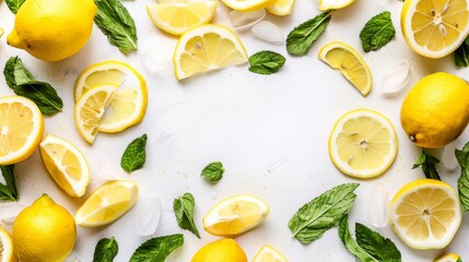 Lemons and Mint Leaves on White Background