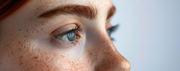Close-up of a person's side profile showcasing a clear view of freckles and a blue eye.