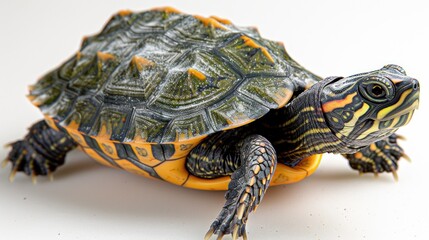 Obraz premium A painted turtle with a vibrant shell rests on a white surface