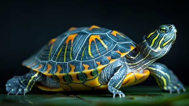 A close-up of a painted turtle with a vibrant shell