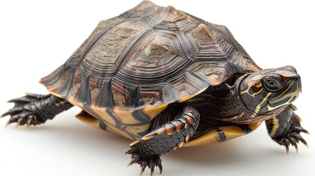 A small turtle with a patterned shell and black legs looks at the camera