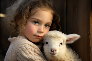 Generated with AI technology picture of cute baby hugging sheep