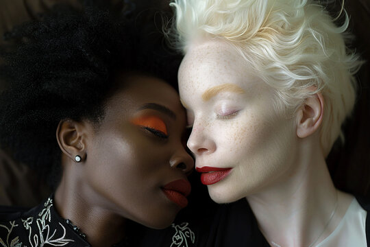 Created with generative AI picture of black african model facing albino woman