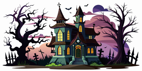 scary Halloween house's black silhouette Set Vector illustration, WHITE BACKGROUND