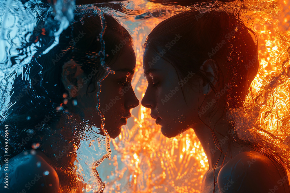 Poster created with generative ai technology image of two natural elements fire and water
