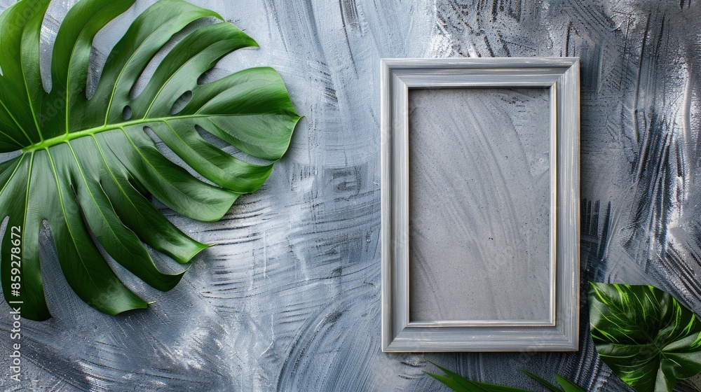 Poster mockup of gray photo frame with monstera leaf on background flat lay overhead view space for text