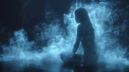 Obraz premium A woman sits in a pool of blue smoke, her silhouette barely visible