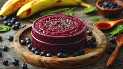 A close-up of a vibrant blueberry smoothie bowl topped with chia seeds