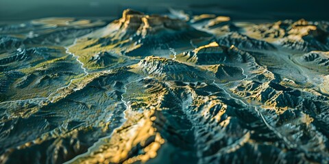 3D LiDAR GIS aerial map of mountains against dark background beautiful topography. Concept Aerial Mapping, 3D LiDAR Technology, Mountain Topography, Dark Background, Beautiful Landscape