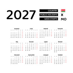 Calendar 2027 Belarusian language with Belarus public holidays. Week starts from Monday. Graphic design vector illustration.