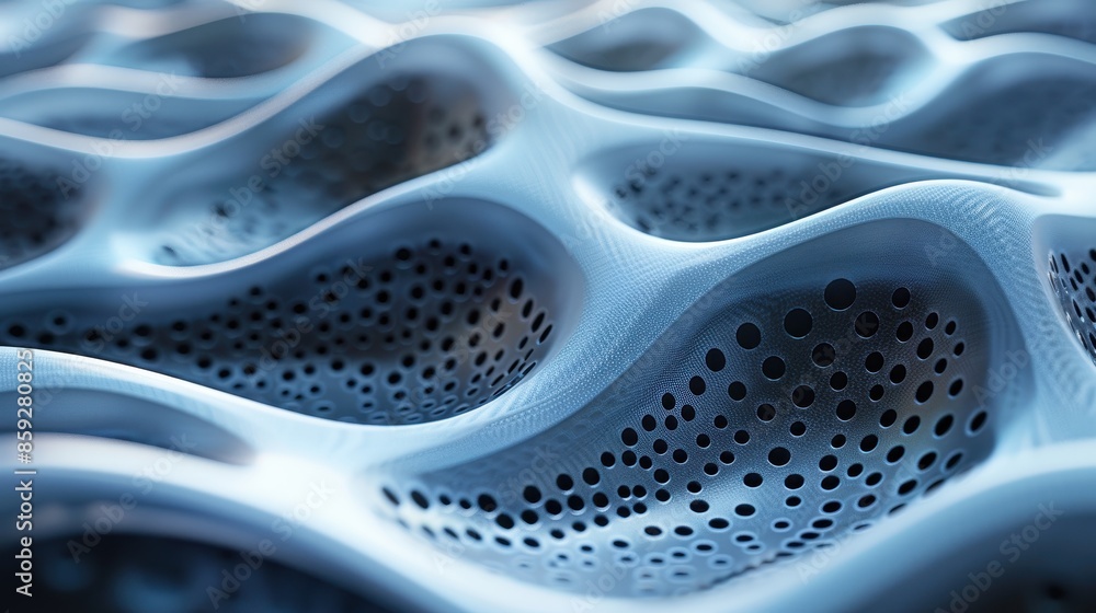 Poster A striking image of a futuristic blue wavy surface with perforated patterns, creating a sense of flow and movement in a high-tech, abstract design.