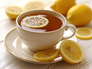 A steaming cup of lemon tea on a white table with lemon slices