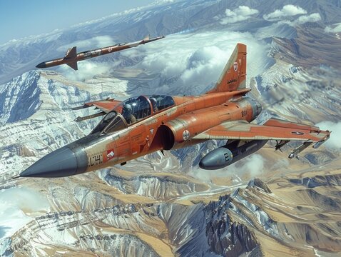 A Danish Saab 35 Draken jet fighter flies over snow-capped mountains